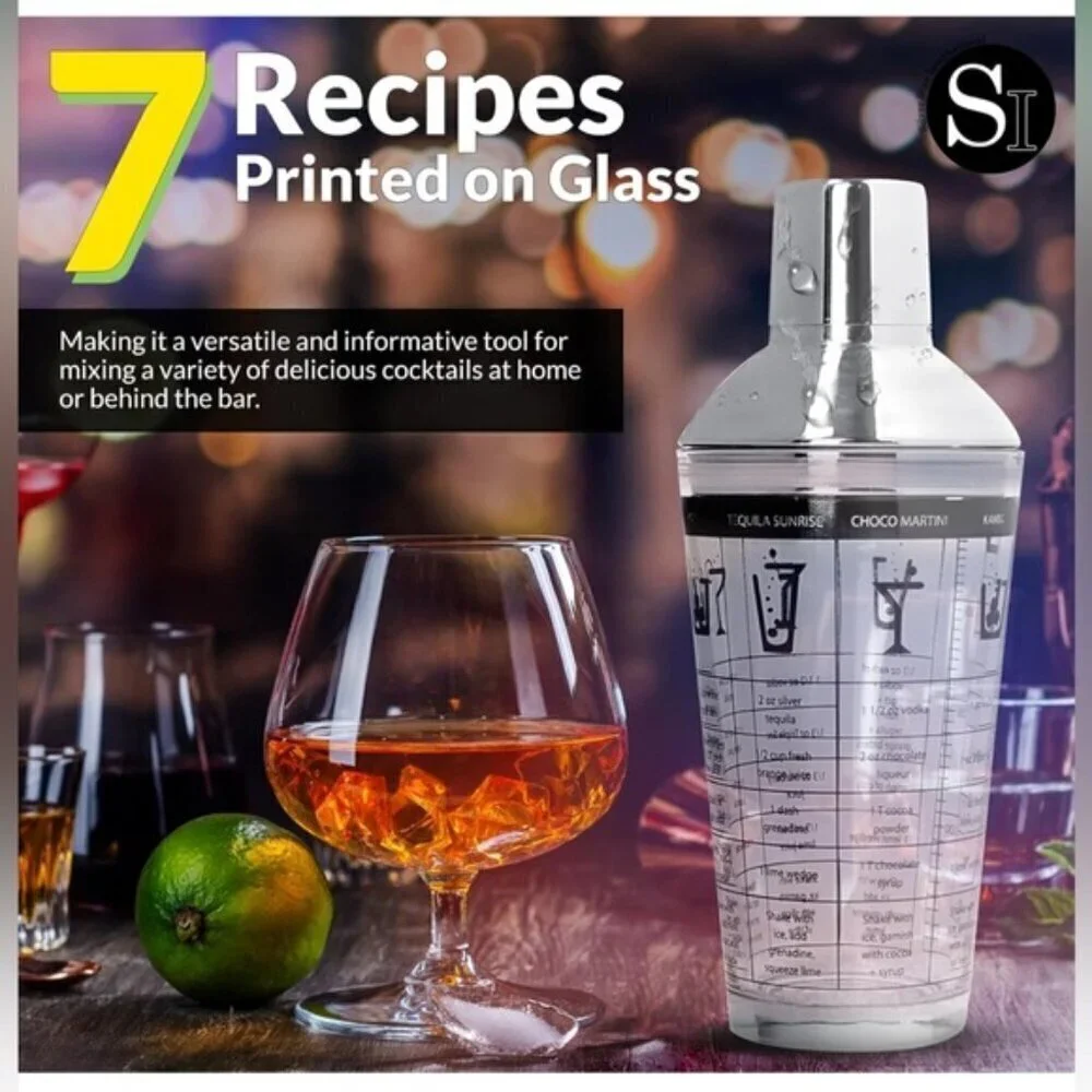Recipe Cocktail Shaker Stainless Steel Glass Recipes on Shaker 16 OZ New NWT NIB